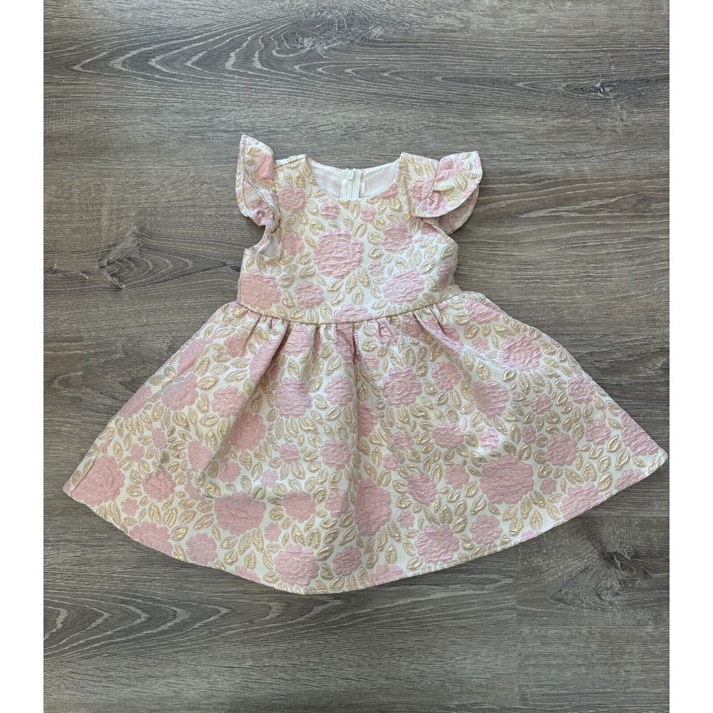 Baby Girl Pink Gold Floral‎ Jacquard Ruffle Trim Dress Size 2-3 Years